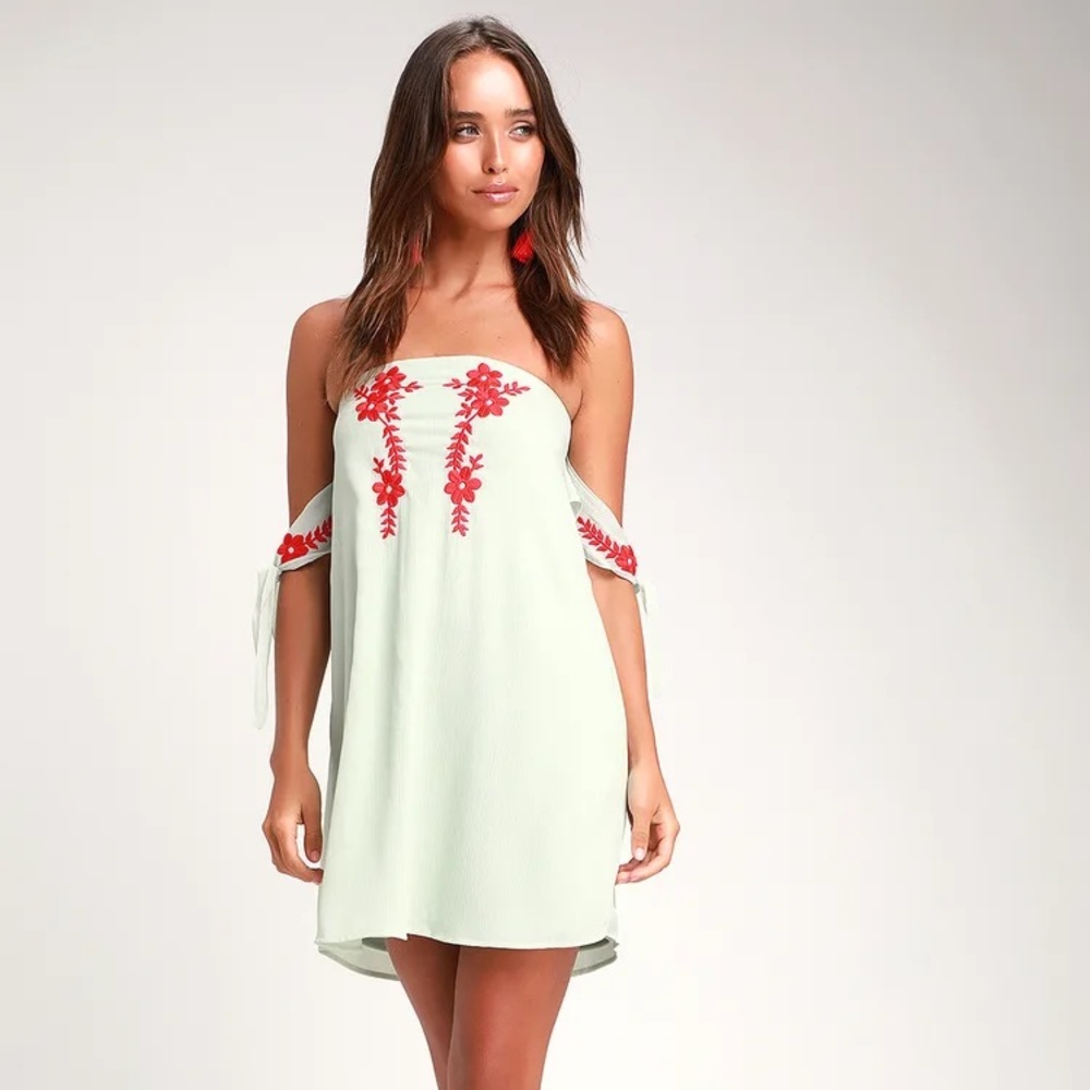 Crysta Light Sage Embroid OfftheShoulder MiniDress